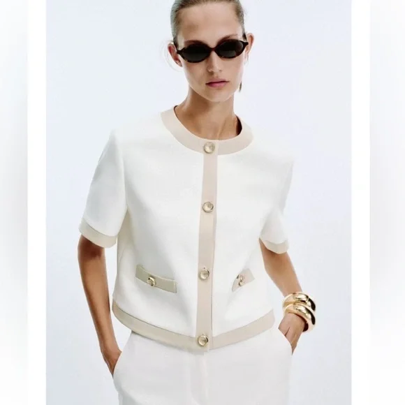 ZARA Short Sleeve Combination Contrast Blazer | Small, New - Picture 10 of 16